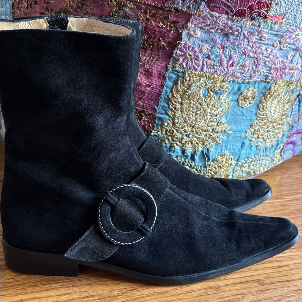 Jonak Paris Black Suede Ankle Boots with Decorative Buckle Size 36